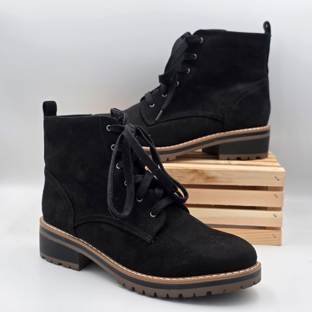 Kensie Kasha Combat Boots Womens 9 Black Faux Suede Lace Up Side Zip KS233432